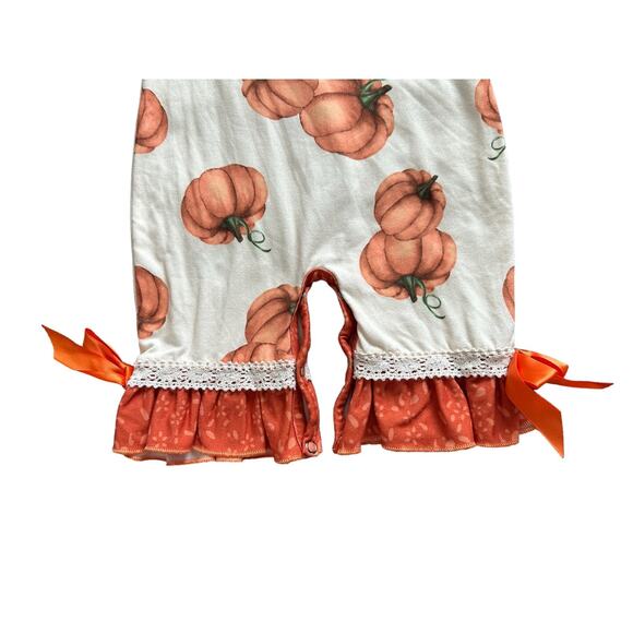 Babies 0-3 Months Long Sleeve Crew Neck Orange and Tan Pumpkin Ruffle Romper - Picture 9 of 14
